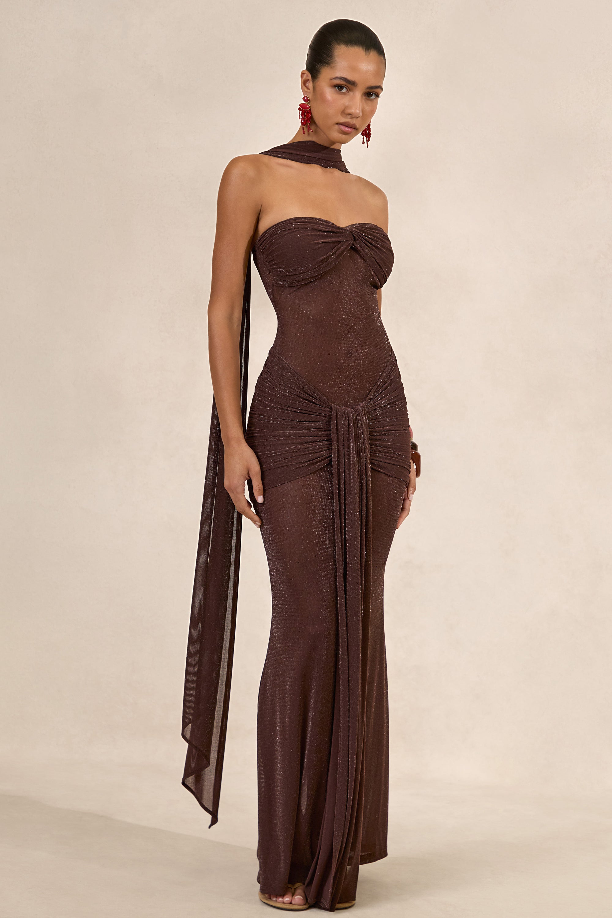 CL138119021 - Ursa _ Brown Bandeau-Neck Maxi Dress With Scarf Detail And Gathered Detailing1.jpg