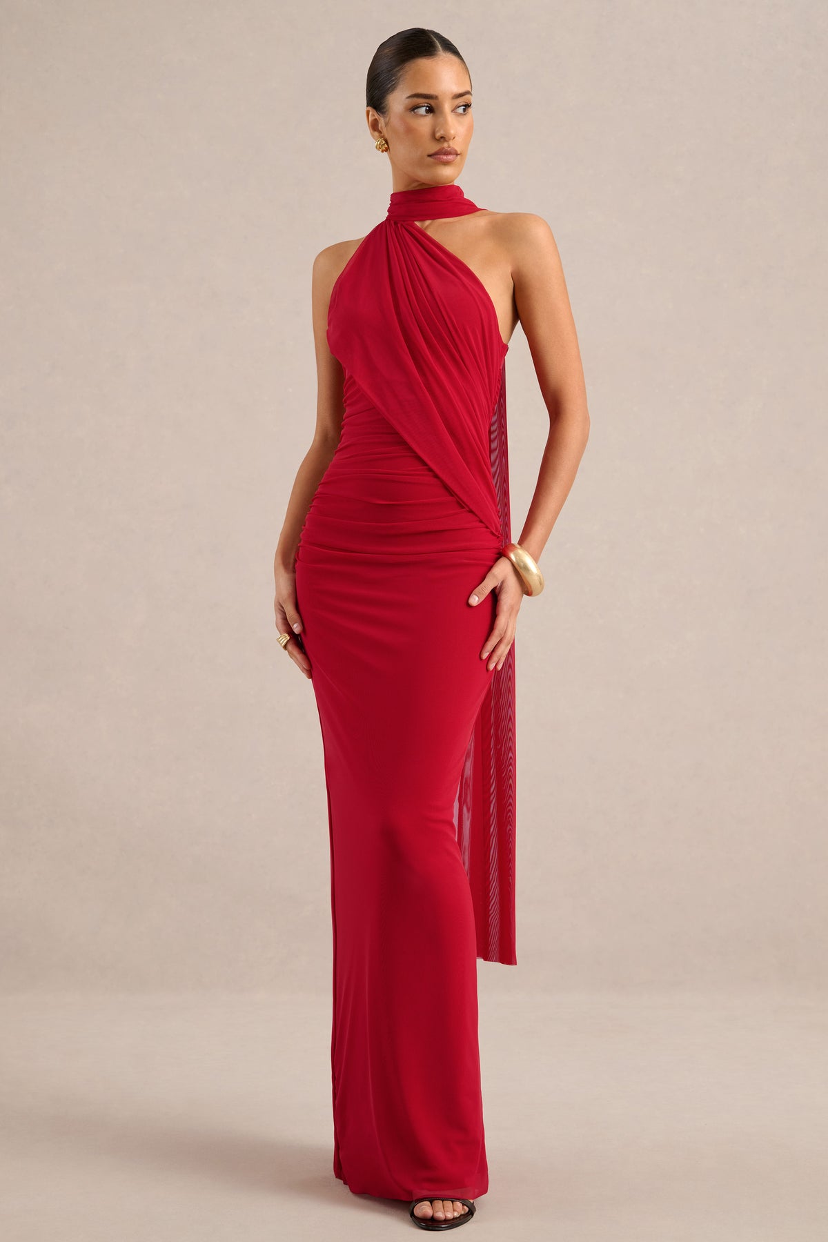 ECM_HR_CL138121100 - Gelsey - Red Mesh High Neck Ruched Maxi Dress With Scarf Detail0.jpg