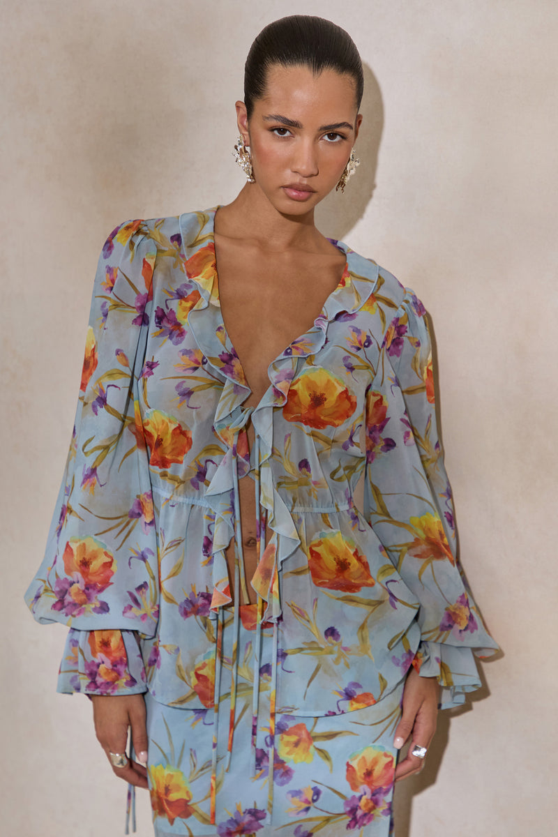 CL138215016 - Alveta _ Blue Floral Chiffon Sheer V-Neck Top With Ruffled Detailing 3.jpg