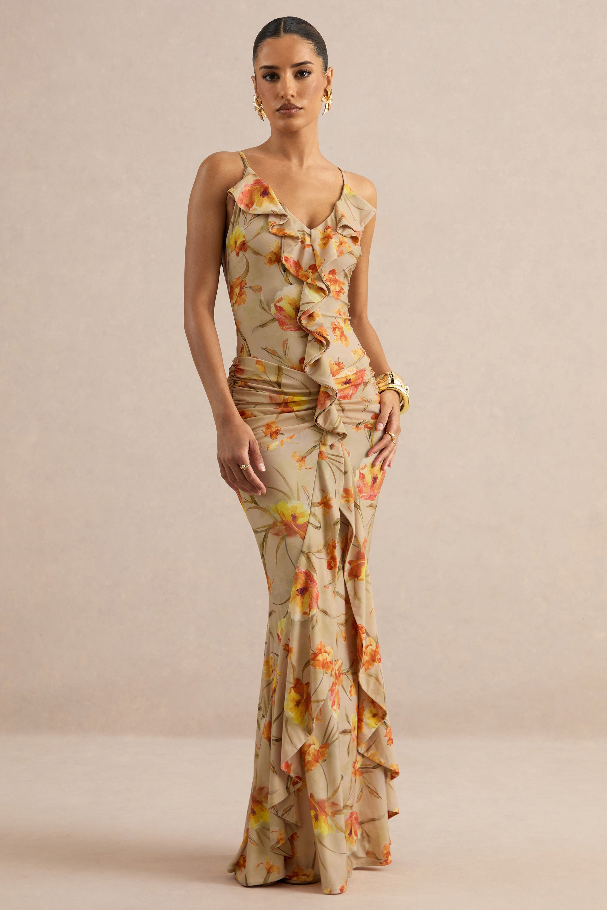 ECM_HR_CL138217070 - Amali | Orange Floral V-Neck Maxi Dress With Ruffled Detailing 0.jpg