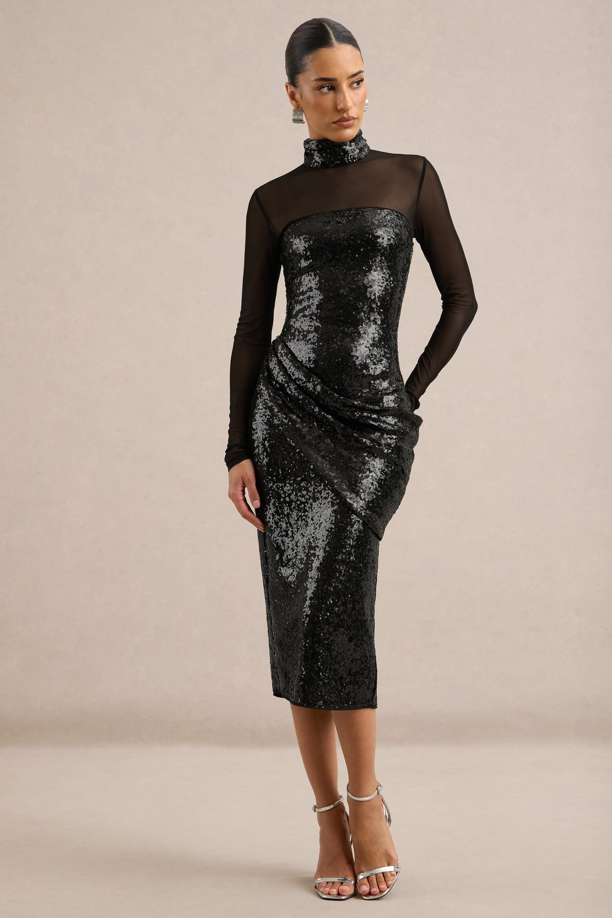 ECM_HR_CL138299001 - Emory _ Black Sequin High-Neck Midi Dress With Draped Detailing2.jpg