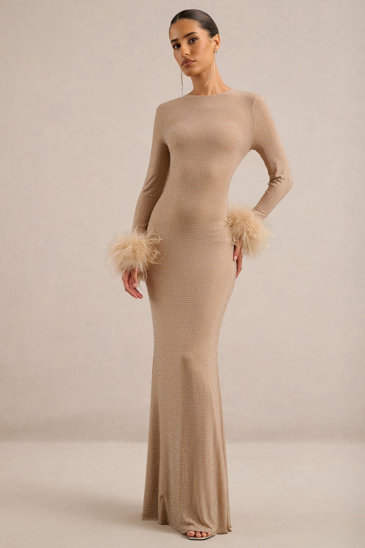 CL13839406006_ECM_HR_CL138394060_-_Garance___Champagne_Hotfix_Round-Neck_Maxi_Dress_With_Feather_Trim_Cuffs2