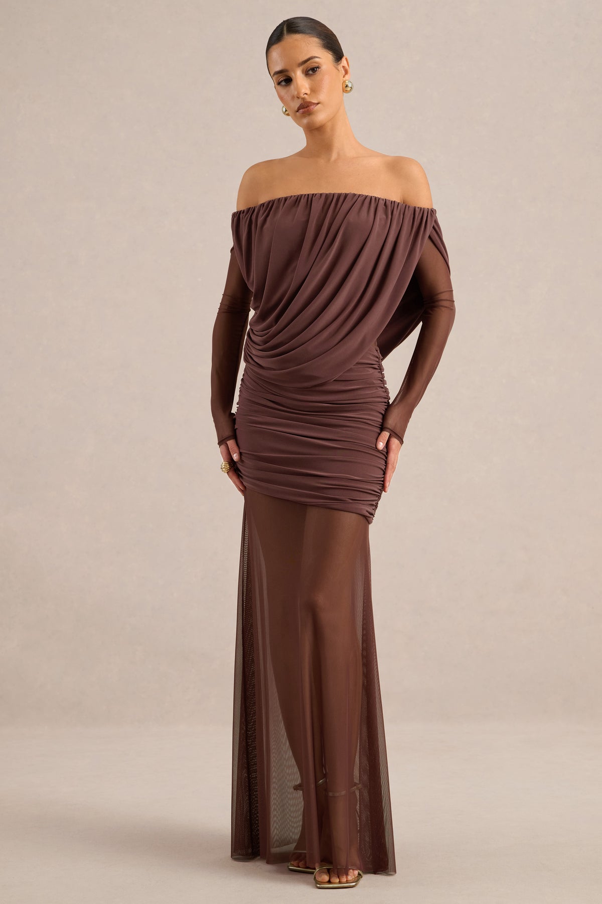 ECM_HR_CL138432022 - Amaline | Dark Brown Mesh Bardot-Neck Maxi Dress With Draped Detailing2.jpg