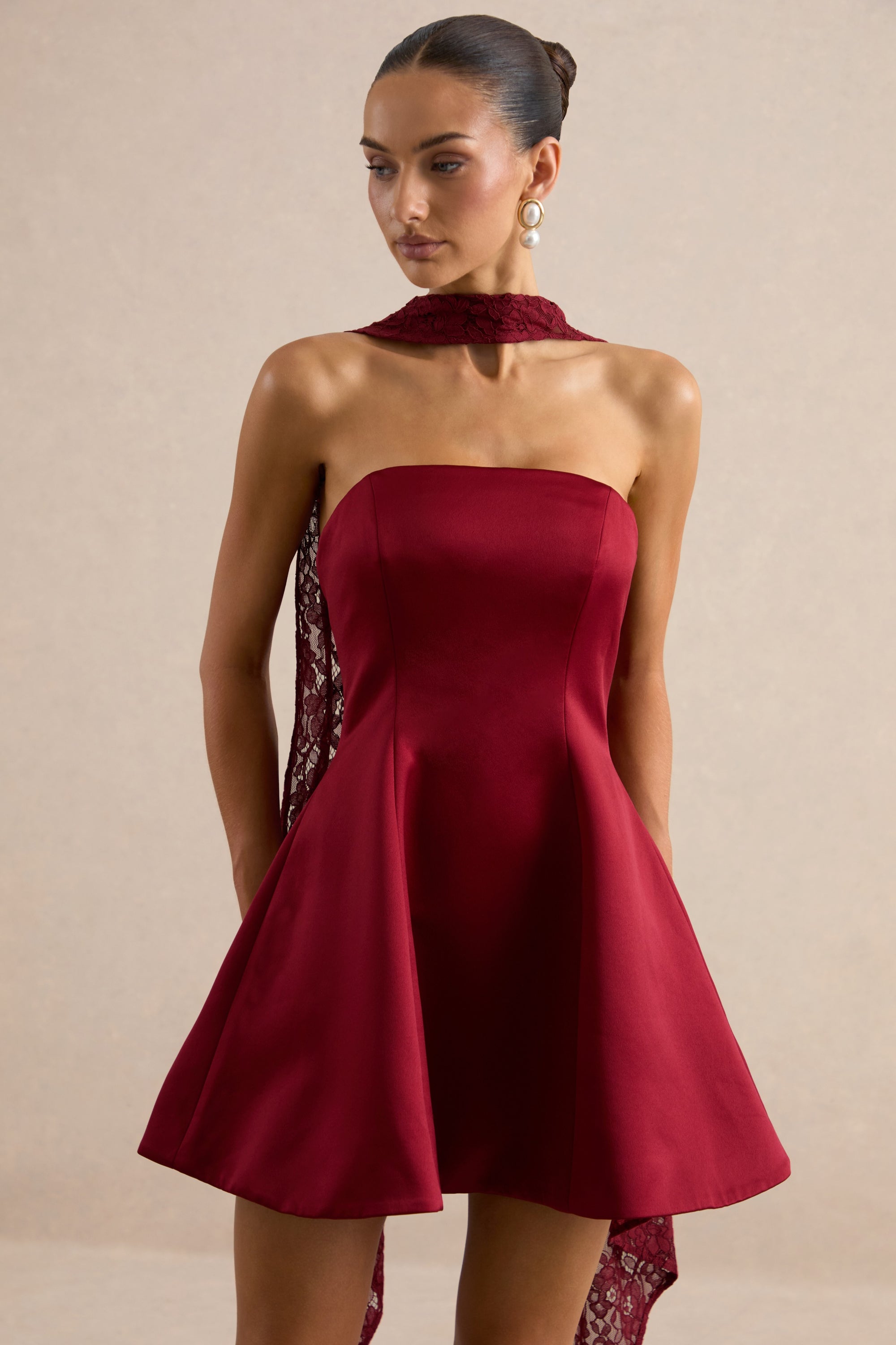Lioray Burgundy Satin Bandeau-Neck A-Line Mini Dress cl138453102 and scarf CL138453102_2.jpg