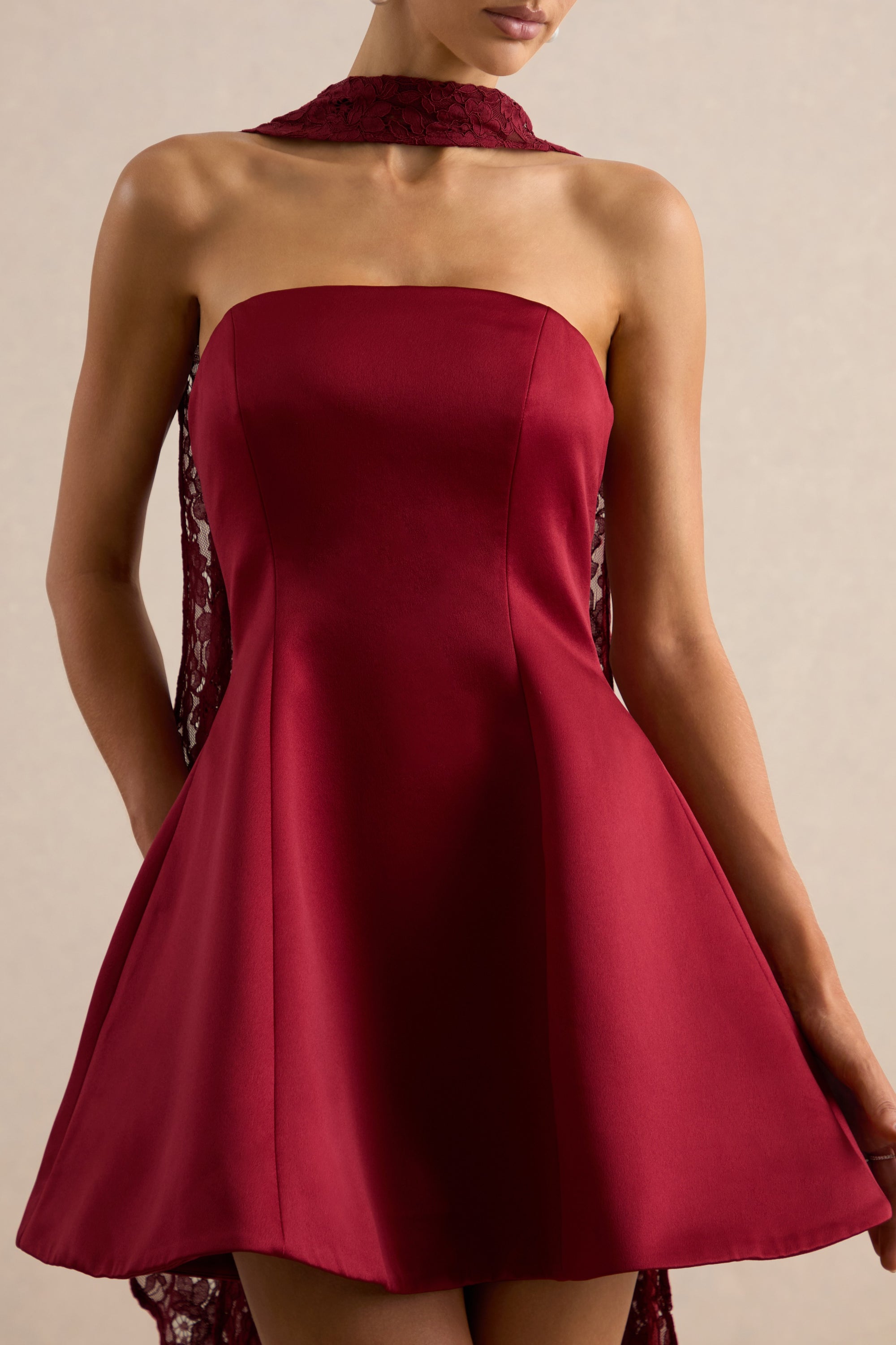 Lioray Burgundy Satin Bandeau-Neck A-Line Mini Dress cl138453102 and scarf CL138453102_3.jpg