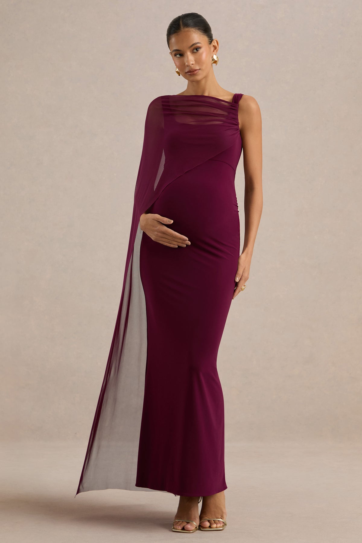 ECM_HR_CL138471102 - Camora | Burgundy Asymmetric-Neck Maternity Maxi Dress With Sheer Cape Sleeve1.jpg