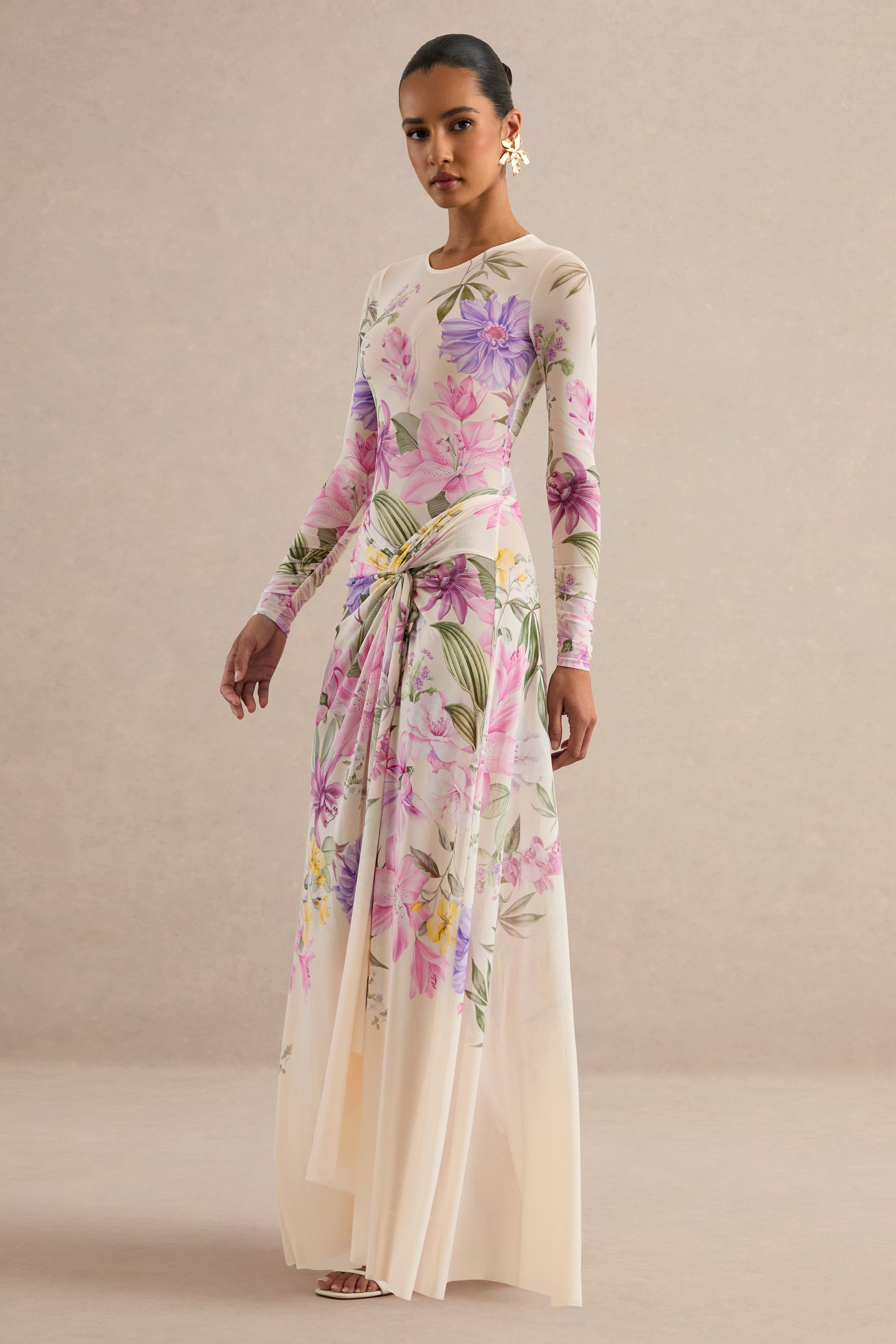 CL138604111 - Malva _ Cream Floral Print Mesh Maxi Skirt With Twist Detail And Front High Split 2.jpg