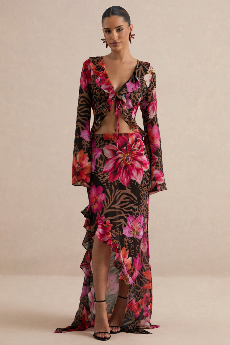 CL138621021 - Selina | Brown Sheer Animal And Floral Print Chiffon Maxi Skirt With Ruffled Detailing And Split 0.jpg