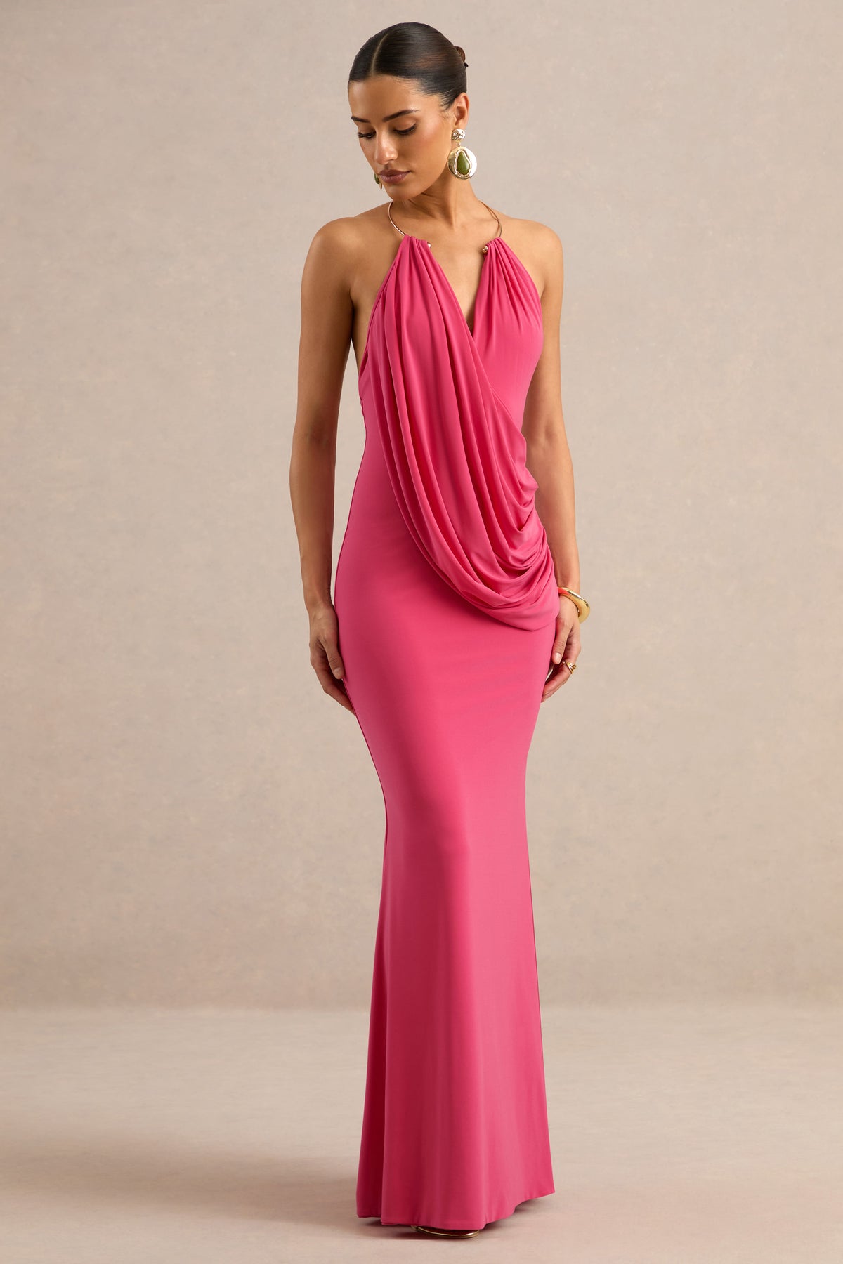 ECM_HR_CL138697073 - Dinara | Coral Halter-Neck Maxi Dress With Draped Detailing And Gold Detail 2.jpg