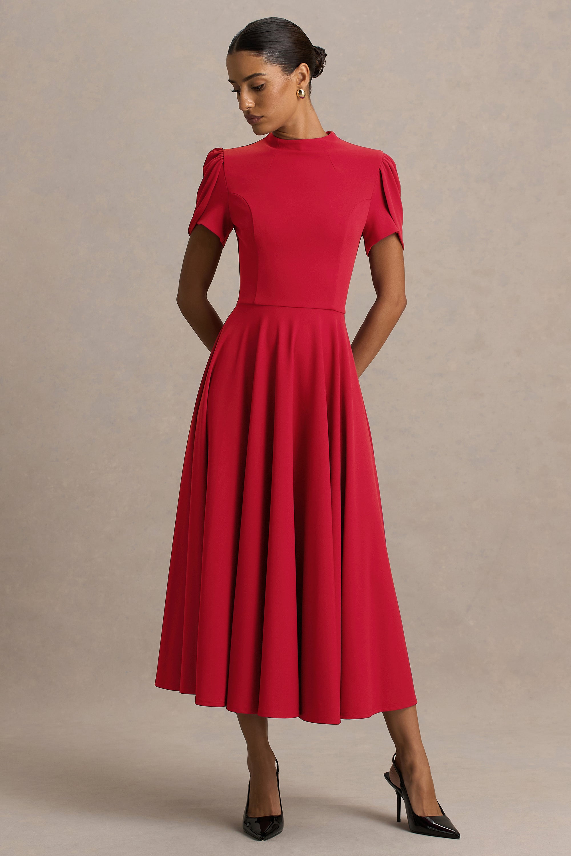 ECM_HR_CL136396100 - Vicky | Red High Neck Midi Dress With Puff Sleeves03.jpg