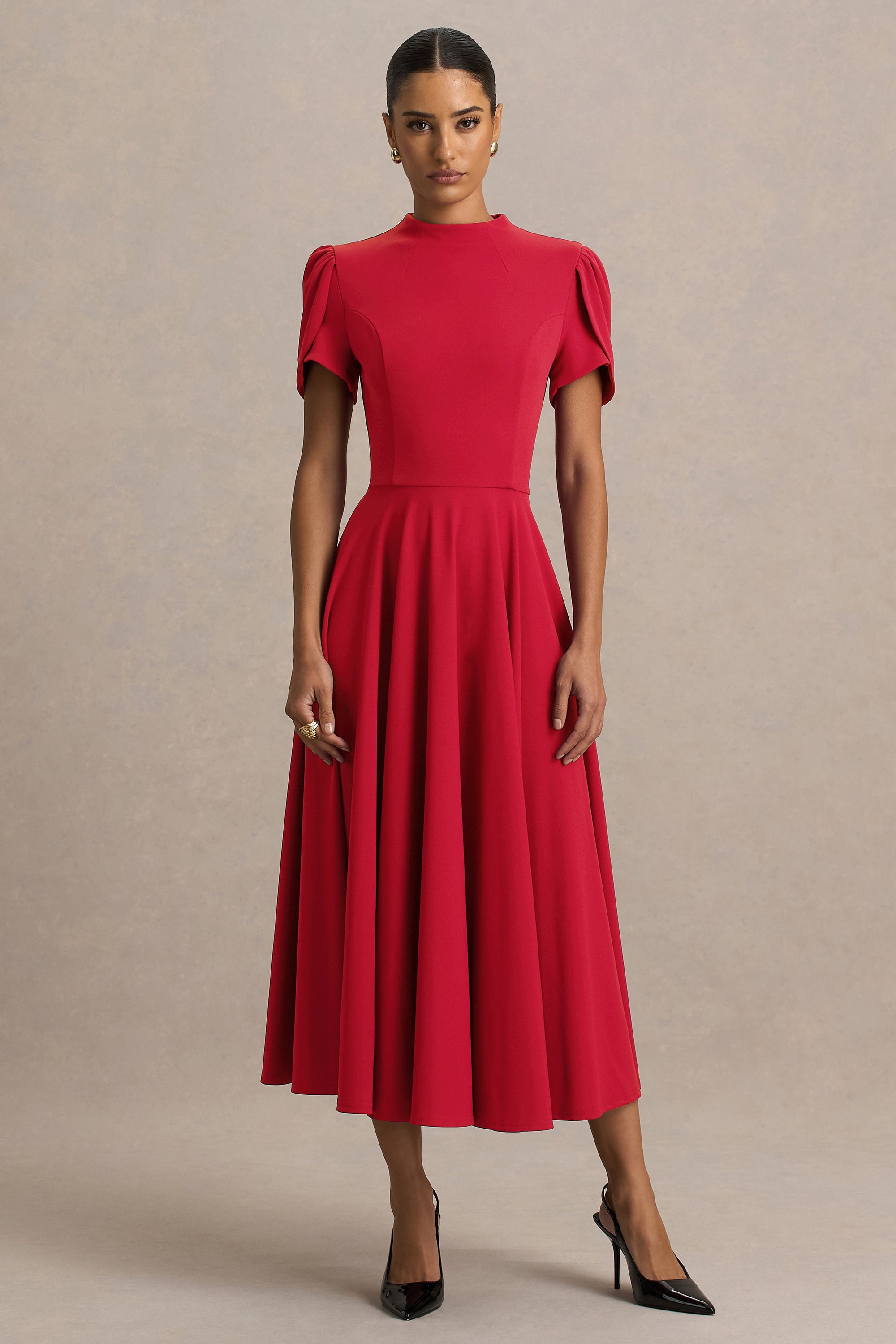 ECM_HR_CL136396100 - Vicky | Red High Neck Midi Dress With Puff Sleeves04.jpg
