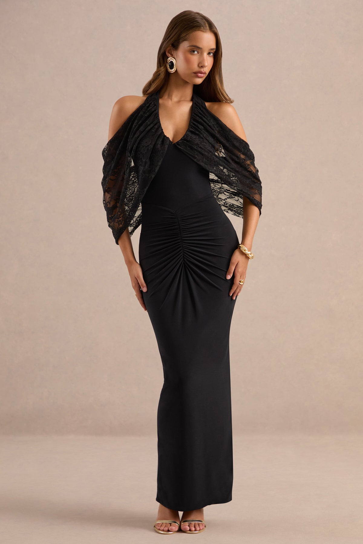 ECM_HR_CL138734001 - Chara Black Halter-Neck Maxi Dress With Ruched Detailing And Lace Sleeves Detail1.jpg