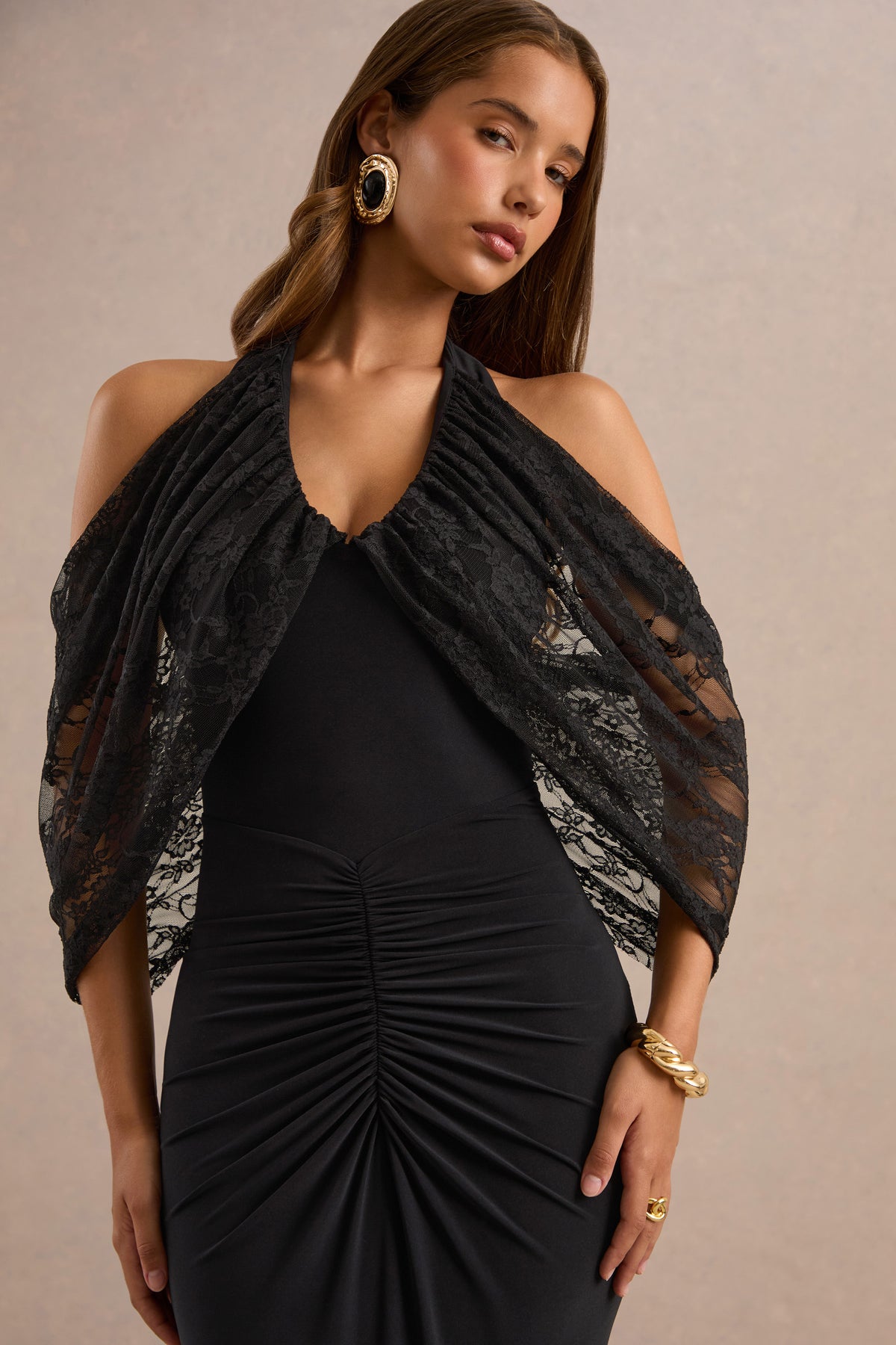 ECM_HR_CL138734001 - Chara Black Halter-Neck Maxi Dress With Ruched Detailing And Lace Sleeves Detail3.jpg