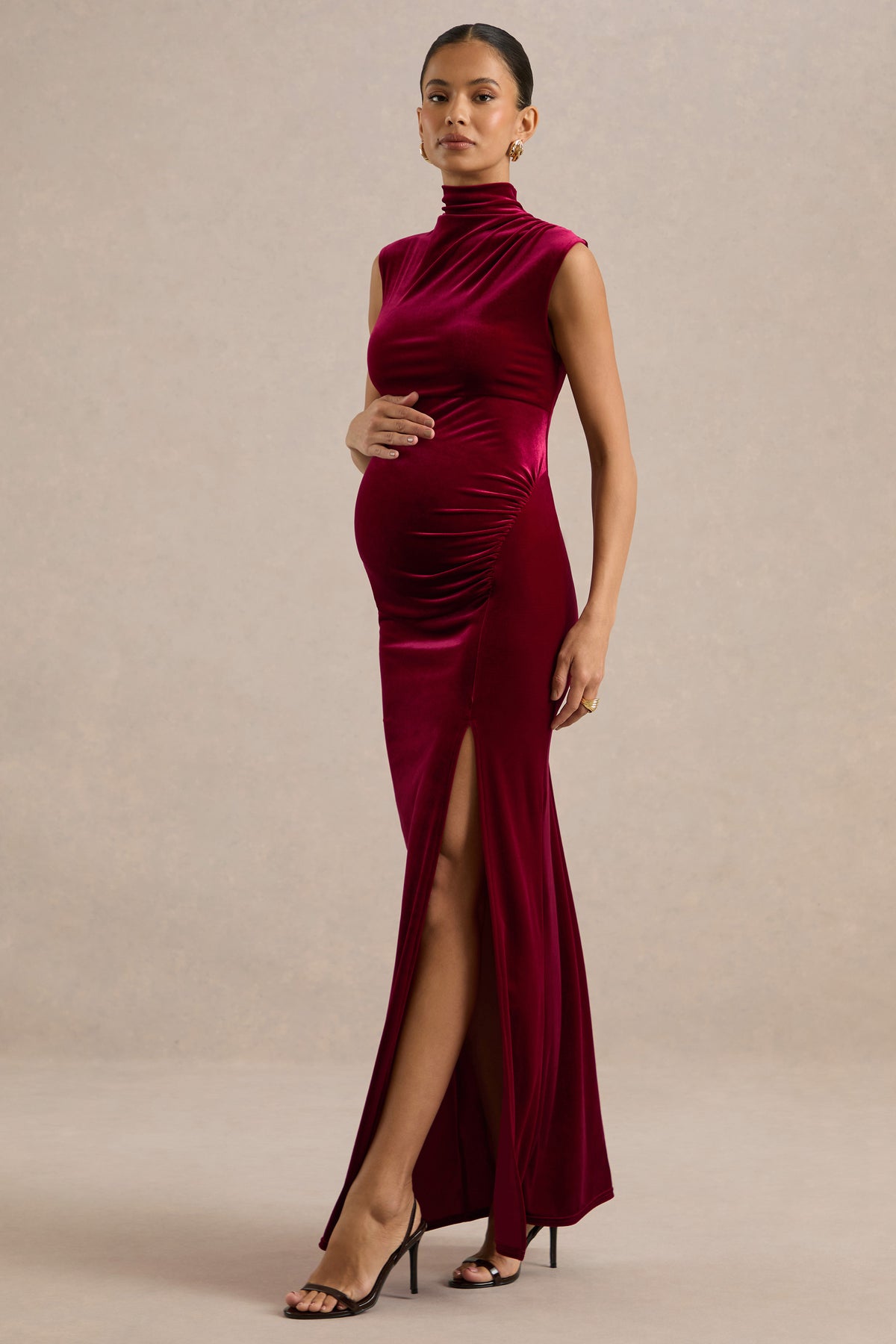 ECM_HR_CL139351101 - Kiahvana _ Berry Velvet High Neck Maternity Maxi Dress With Gathered Detailing And Split3.jpg