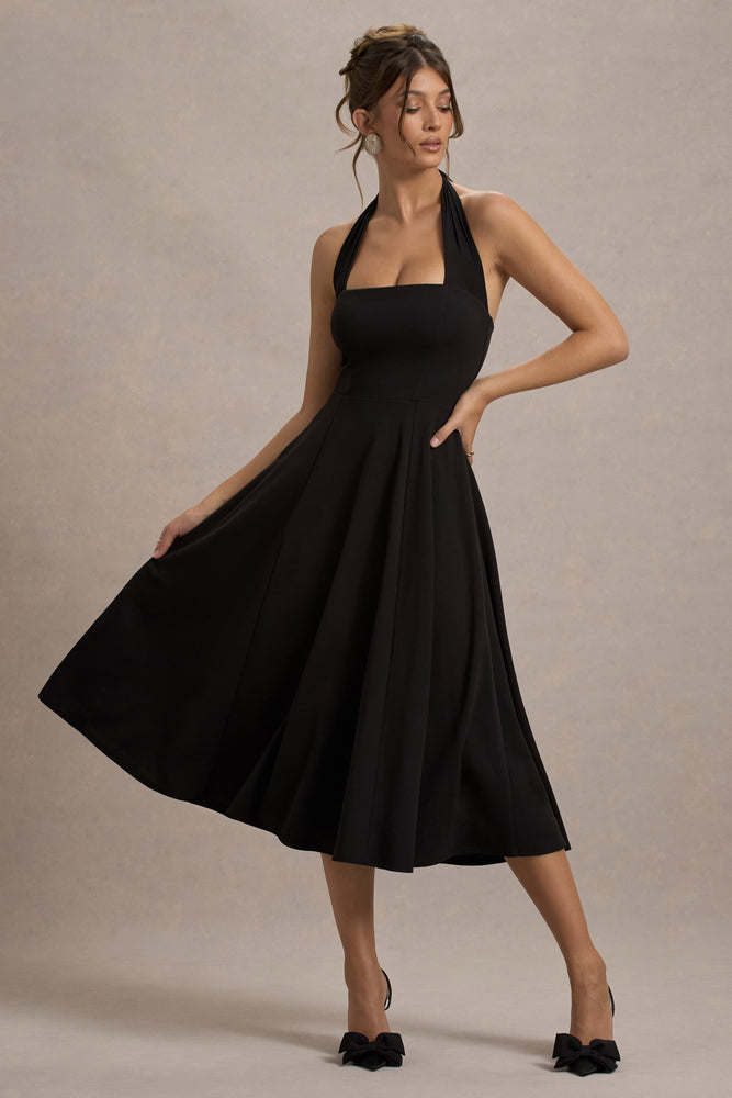 Auburn | Robe mi-longue noire à halter et jupe patineuse