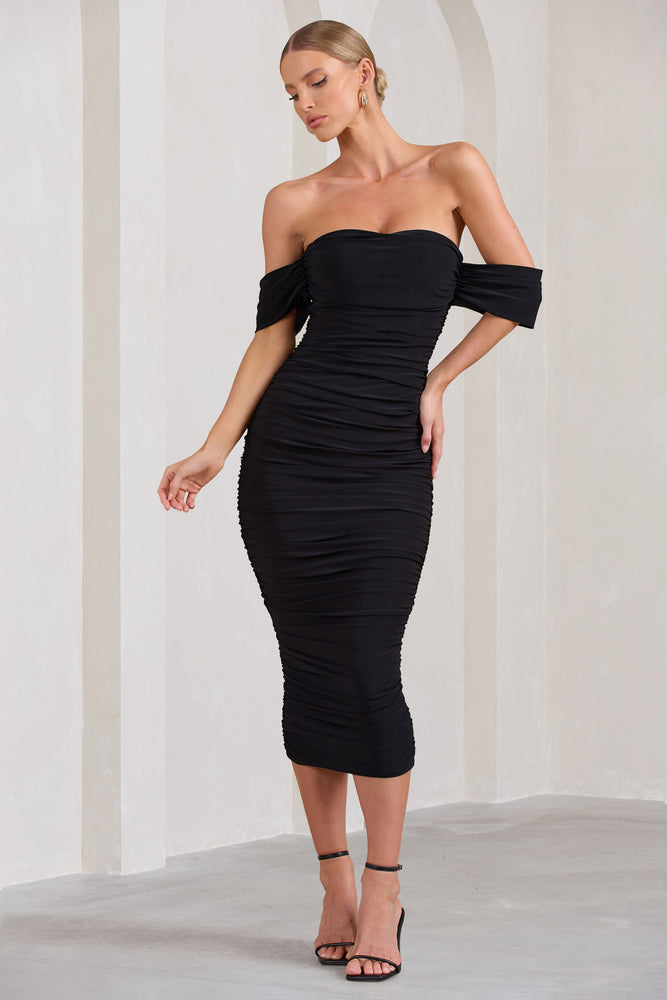 Robe noire col bardot on sale