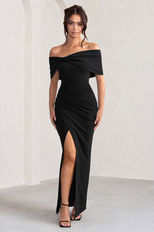 Eva | Robe longue noire bardot avec nœud et fente