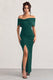 Eva | Robe longue à nœud bardot vert avec fente