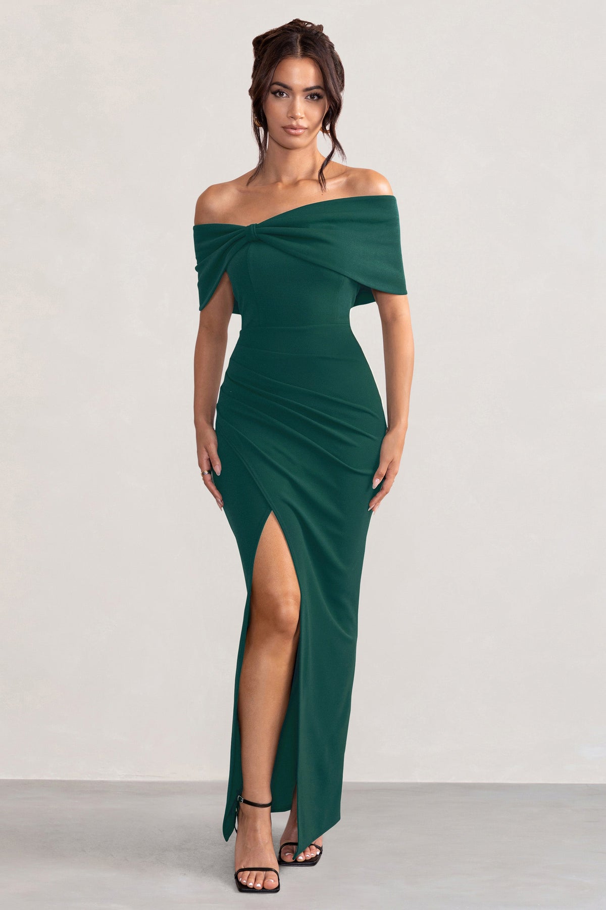 Eva | Robe longue à nœud bardot vert avec fente