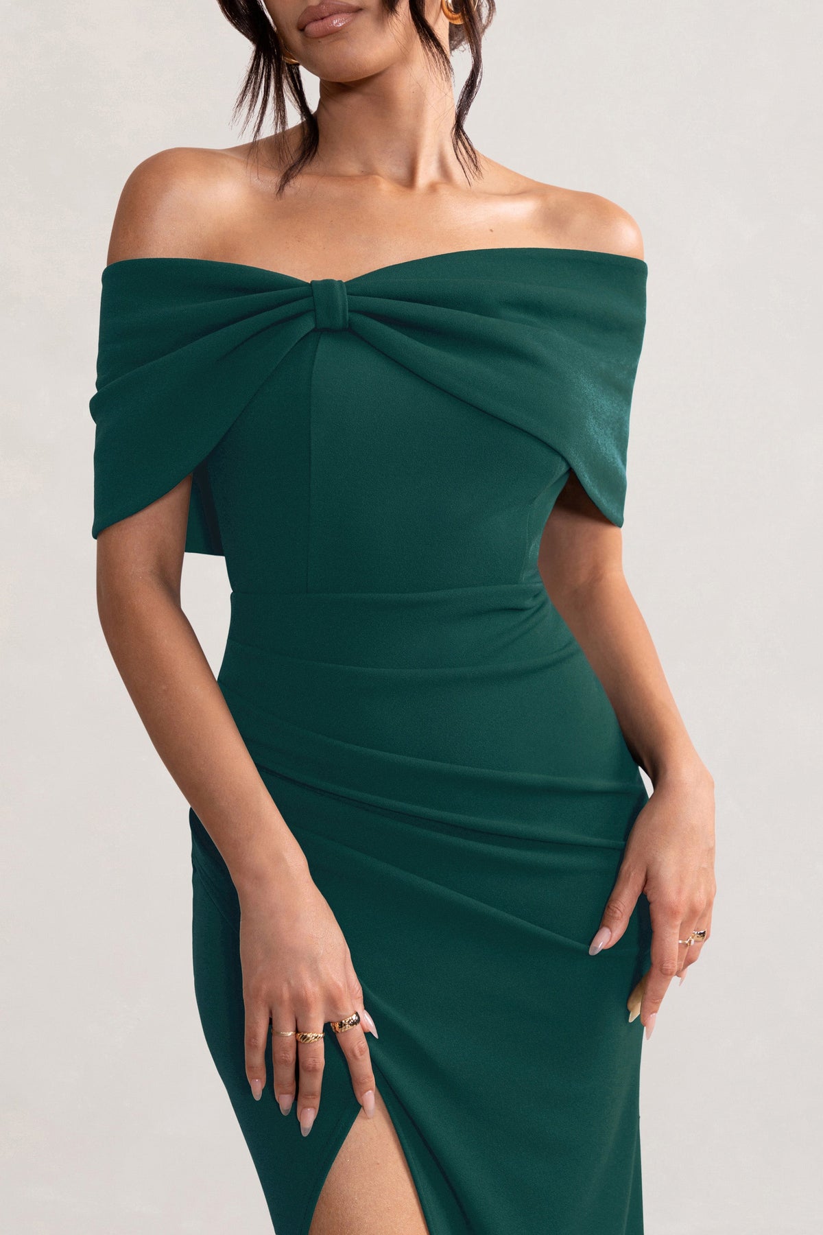 Eva | Robe longue à nœud bardot vert avec fente
