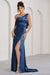 Jayne |  Robe longue fendue drapée asymétrique en satin bleu marine
