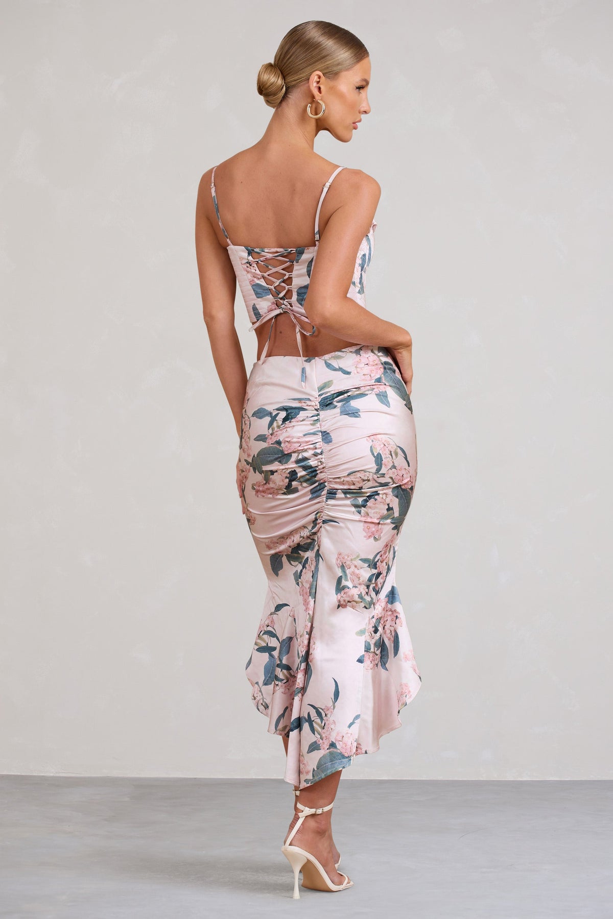 Per Favore | Jupe longue fendue froncée en satin rose