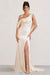 Jayne | Robe longue fendue drapée asymétrique en satin crème