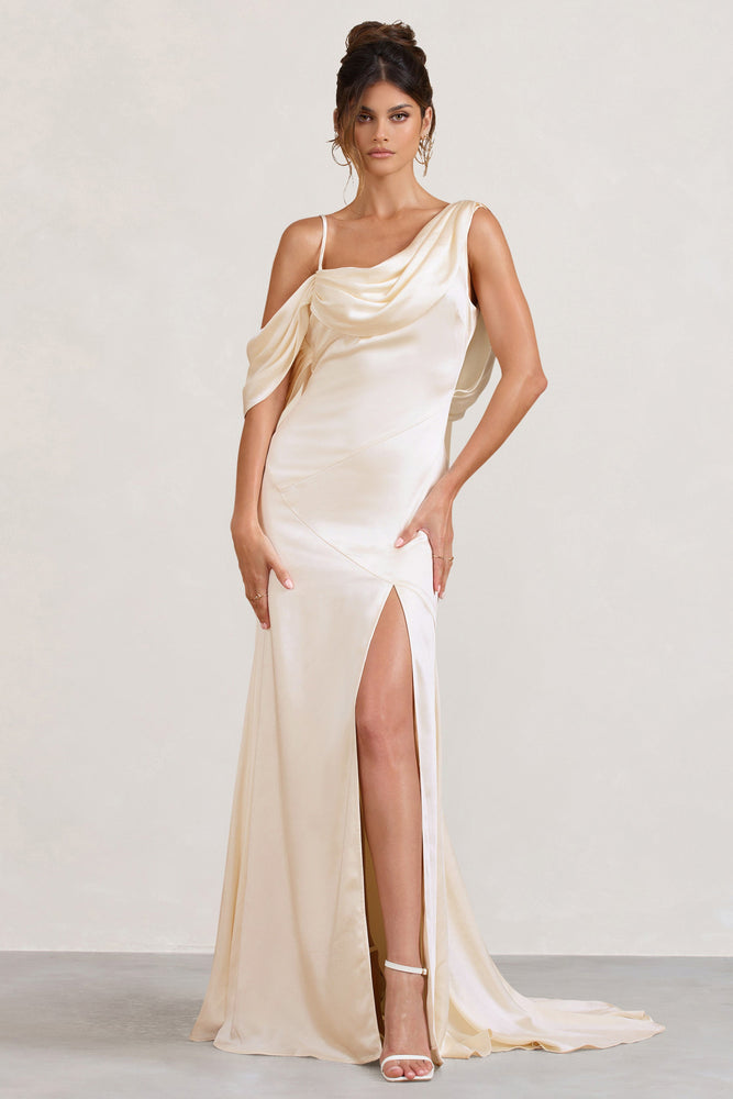 Jayne | Robe longue fendue drapée asymétrique en satin crème Robes de mariée The Wedding Explorer