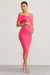 Alyssa | Robe mi-longue de maternité rose vif avec nœud coupe bardot et fronces
