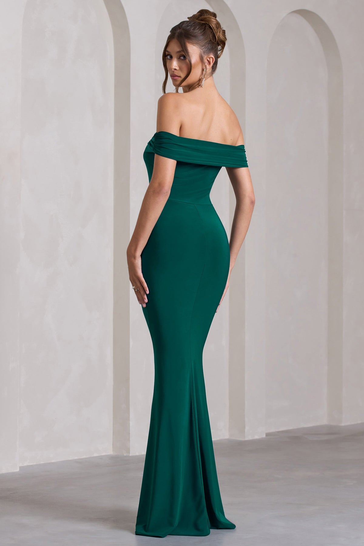 Law of Attraction | Robe longue bardot fendue drapee vert bouteille