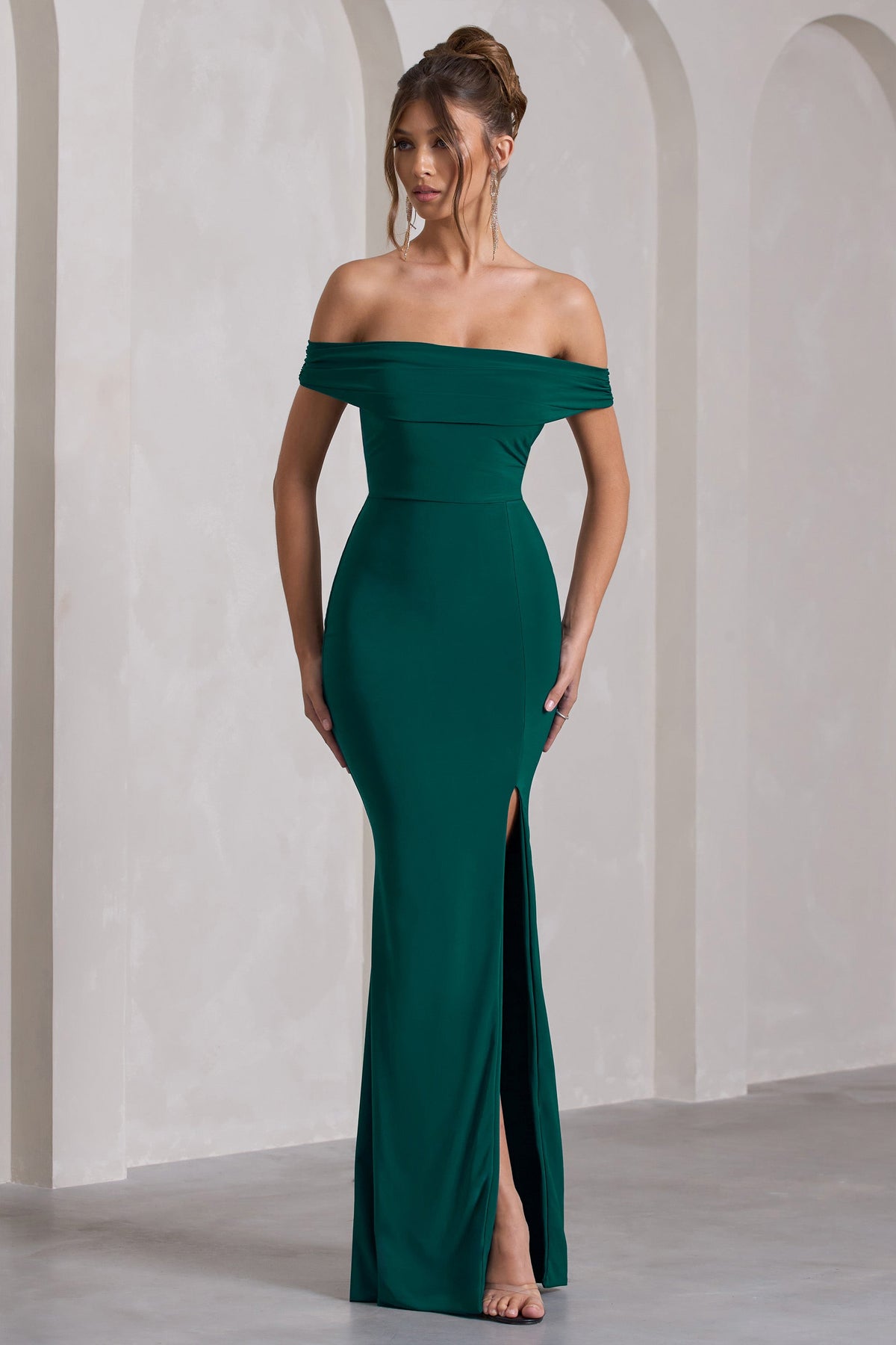 Law of Attraction | Robe longue bardot fendue drapee vert bouteille