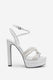 Doll Drama | Talons plateforme à lanières en satin argenté avec strass