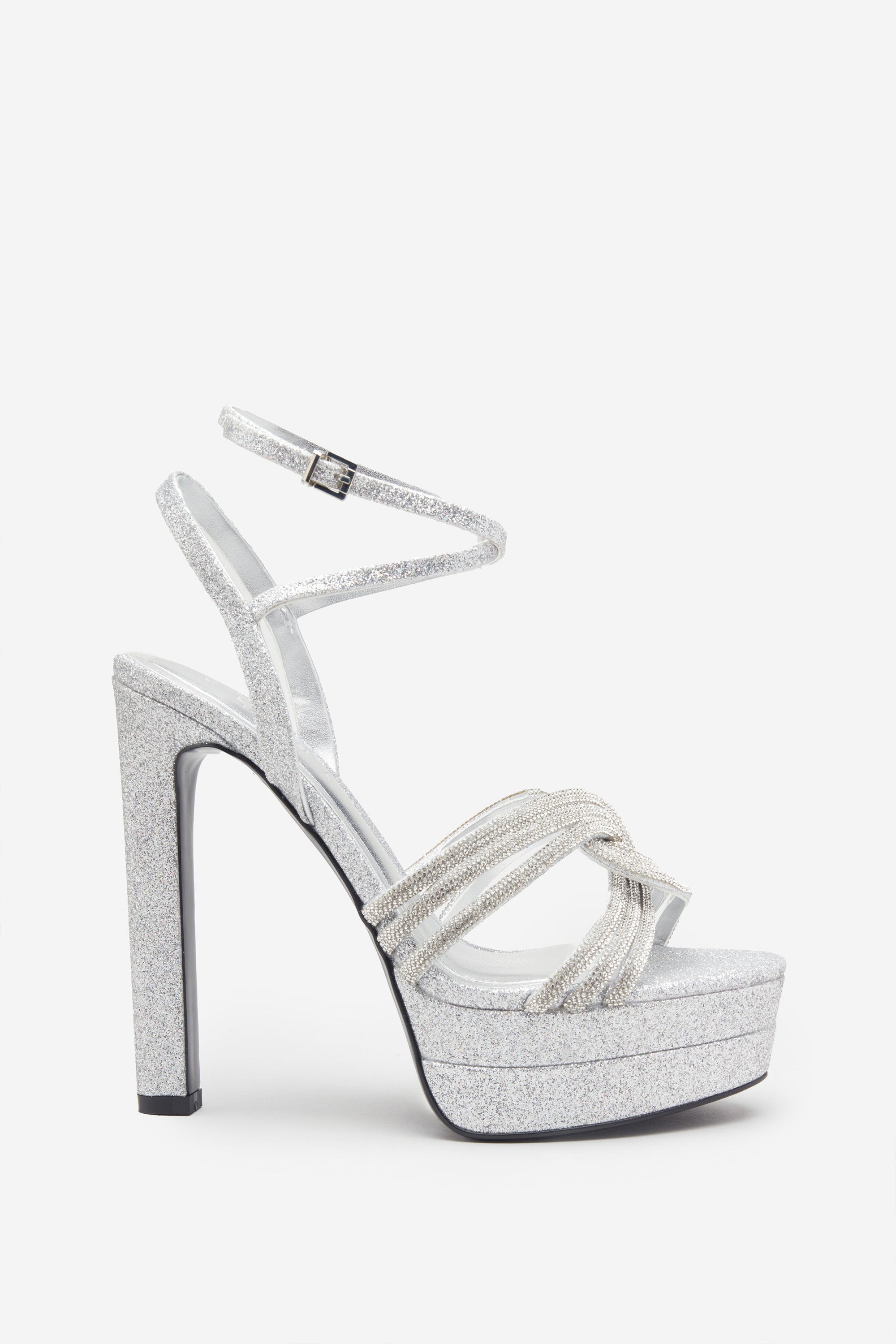 Doll Drama | Talons plateforme à lanières en satin argenté avec strass