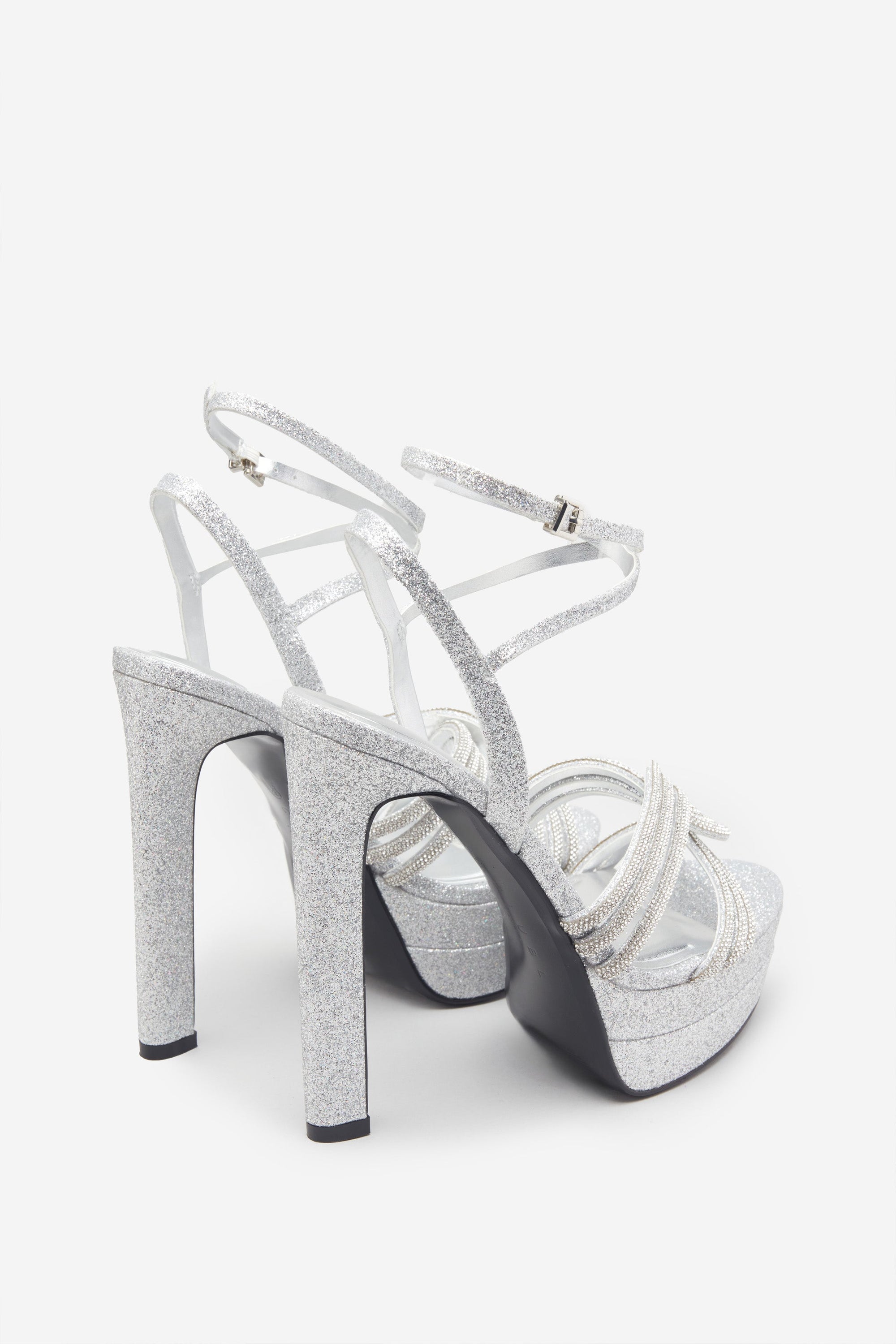 Doll Drama | Talons plateforme à lanières en satin argenté avec strass