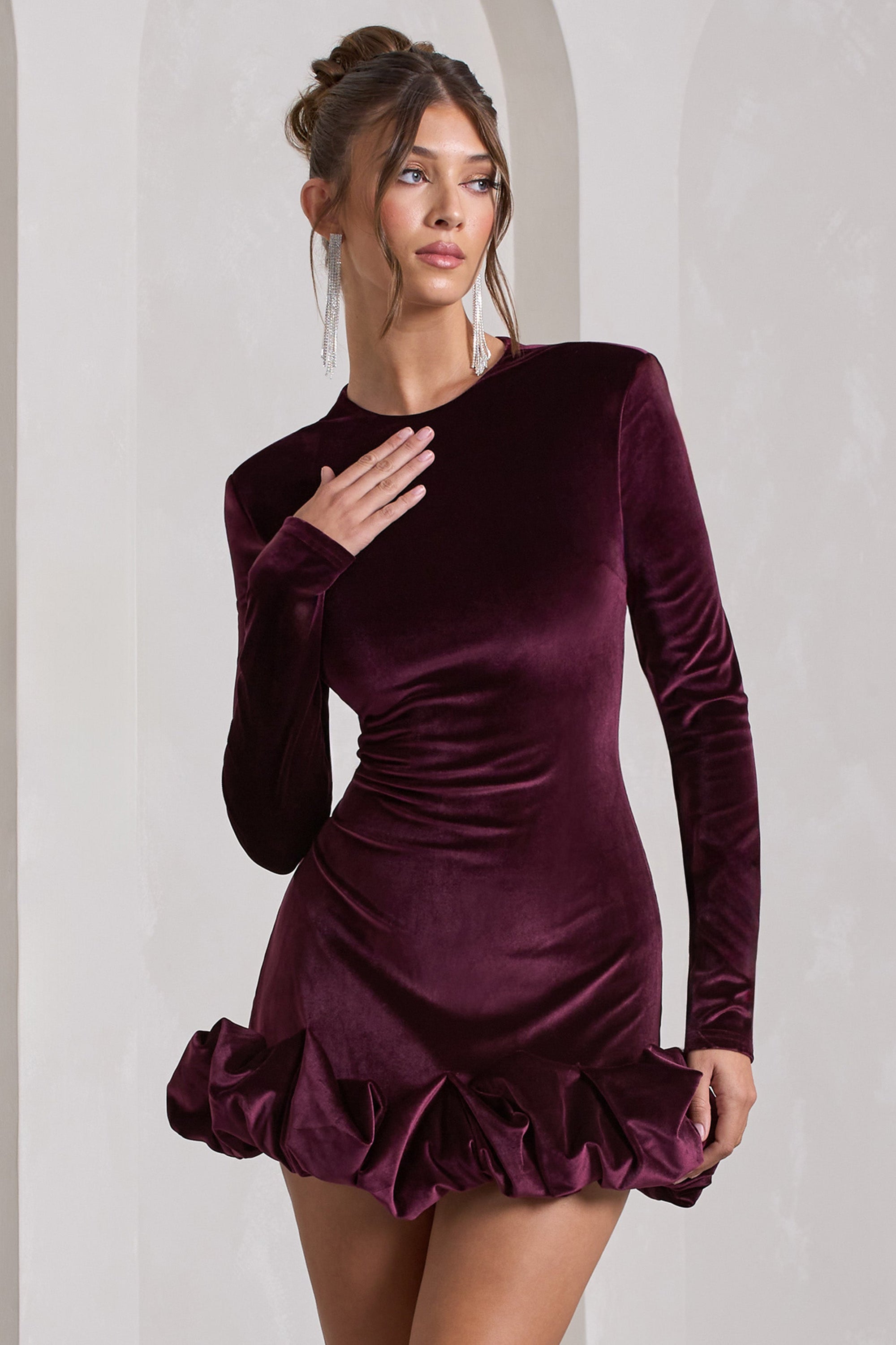Claudine | Mini-robe en velours violet à manches longues et fronces