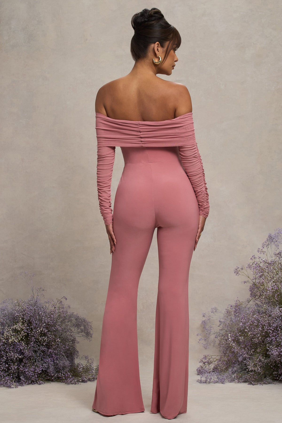 Count Down | Combinaison de grossesse en maille froncée et col bateau rose poudré