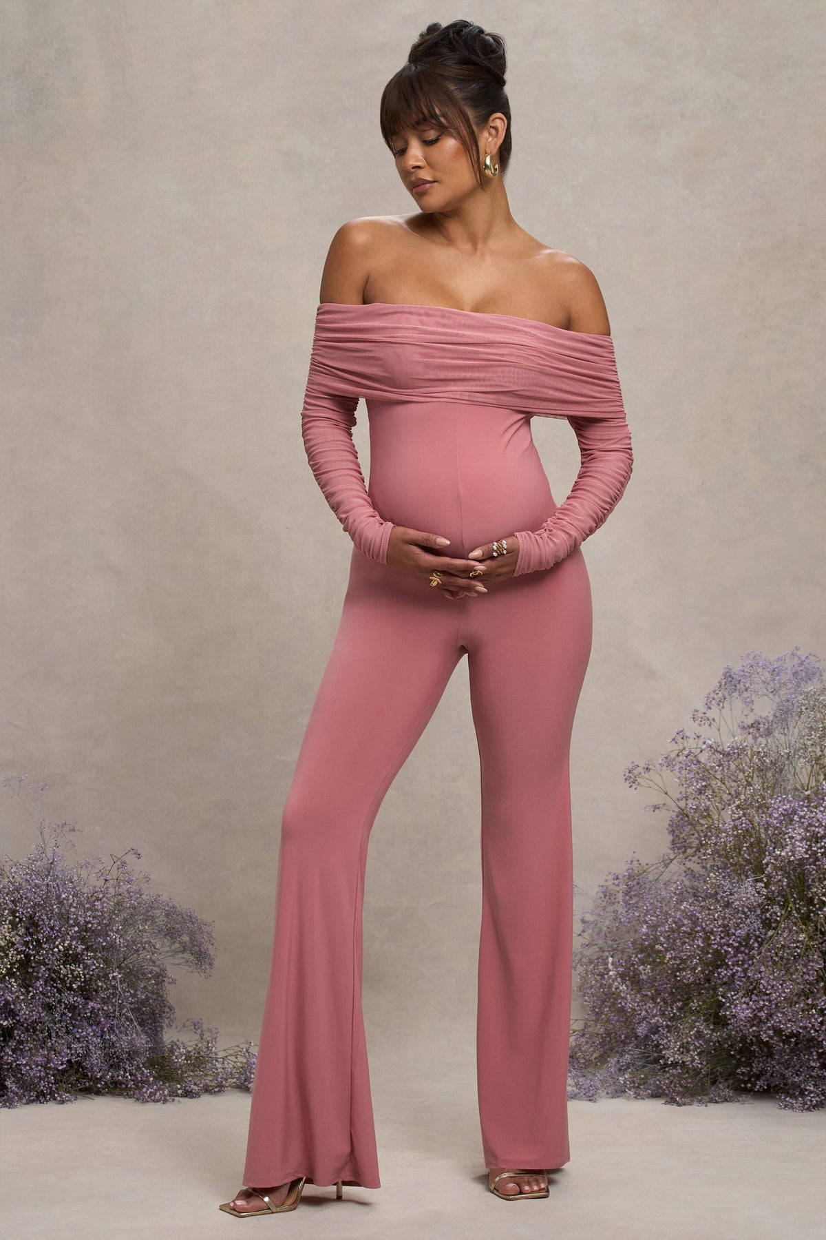 Count Down | Combinaison de grossesse en maille froncée et col bateau rose poudré