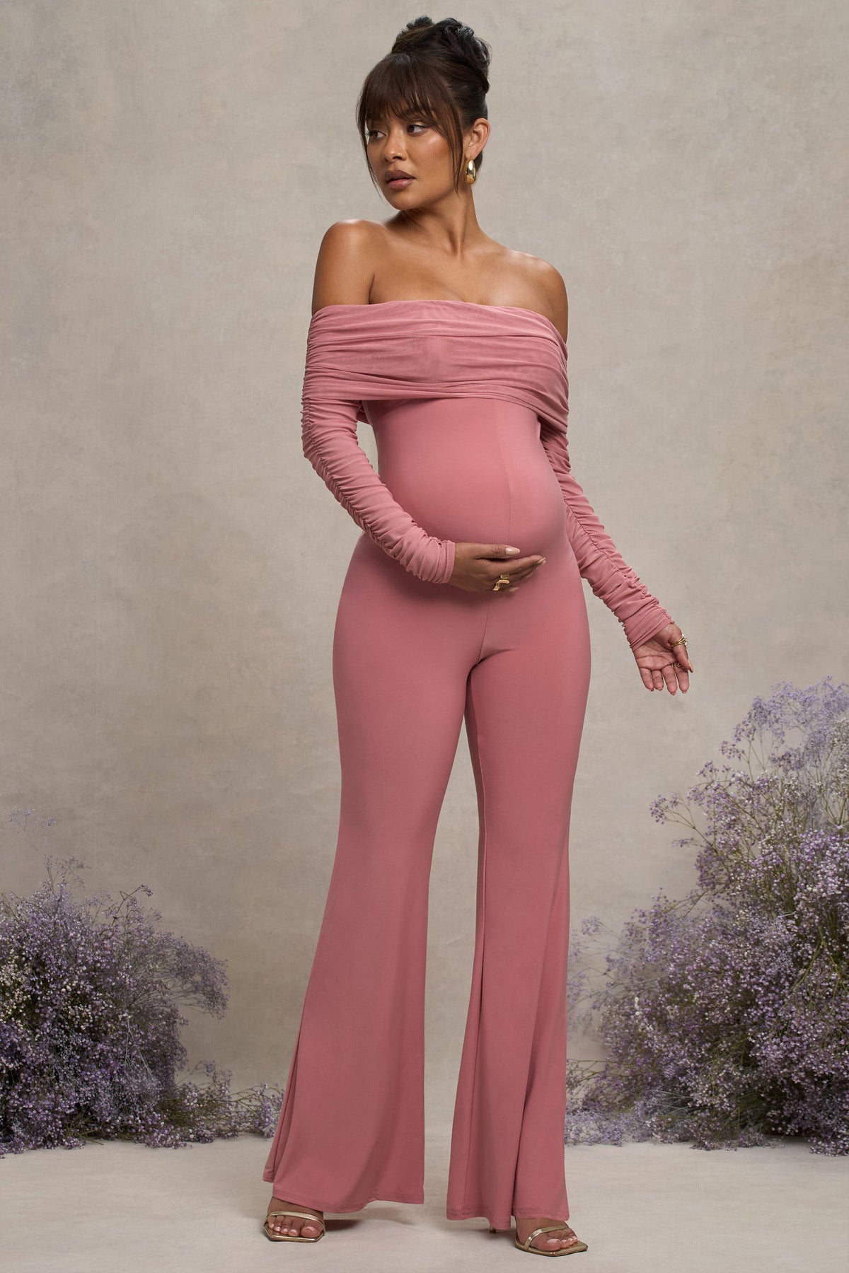 Count Down | Combinaison de grossesse en maille froncée et col bateau rose poudré