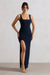 Kate | Robe longue bleu marine à encolure carrée avec dos plongeant et fente sur les côtés