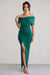 Eva | Robe longue bardot verte de cobalt avec nœud et fente