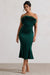 One And Only | Robe mi-longue en satin vert bouteille et bordure à plumes