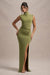 Lanetta | Robe longue vert olive à encolure haute froncée avec fente