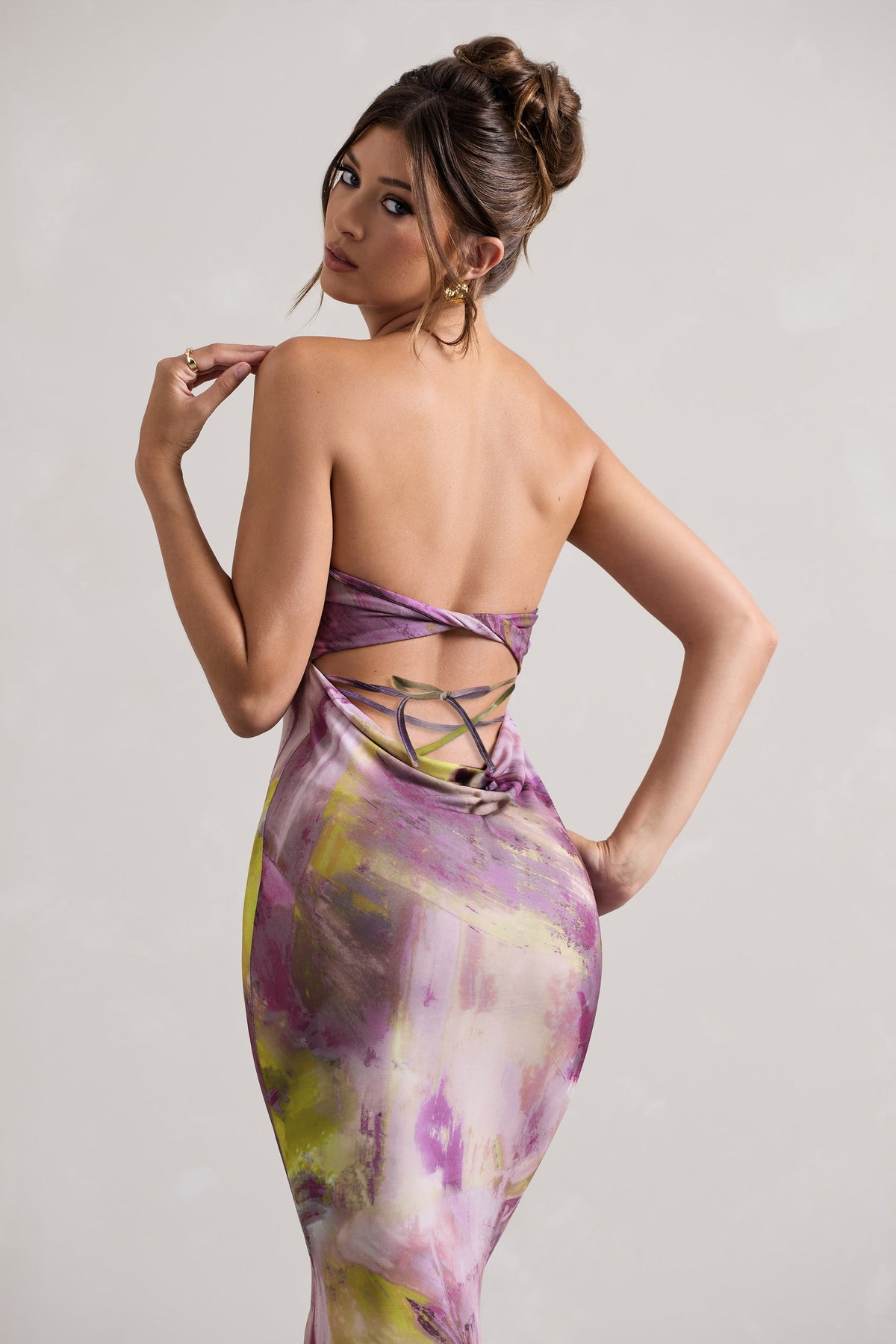 Santiago | Robe longue torsadée à imprimé lilas sans bretelles