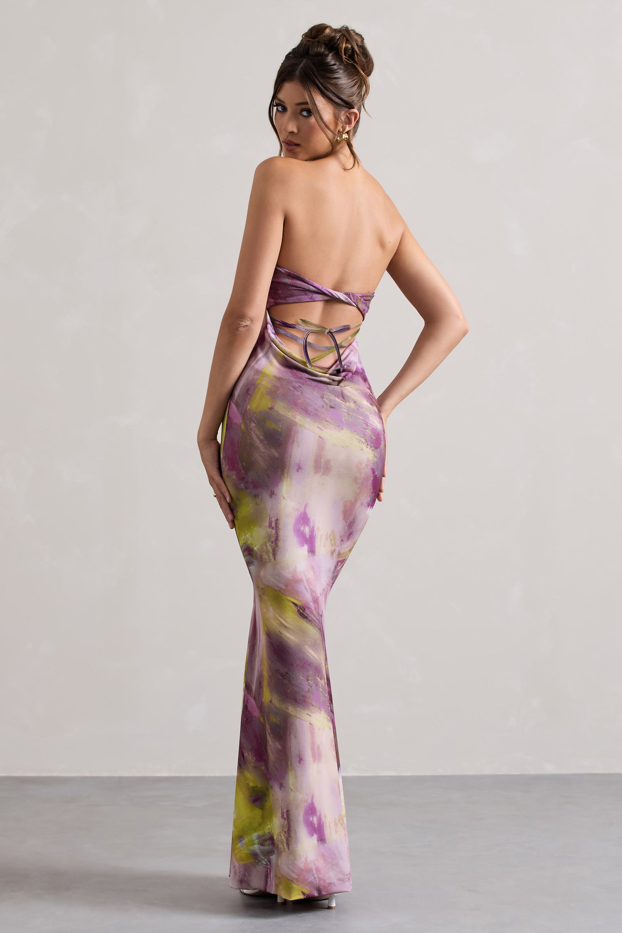 Santiago | Robe longue torsadée à imprimé lilas sans bretelles