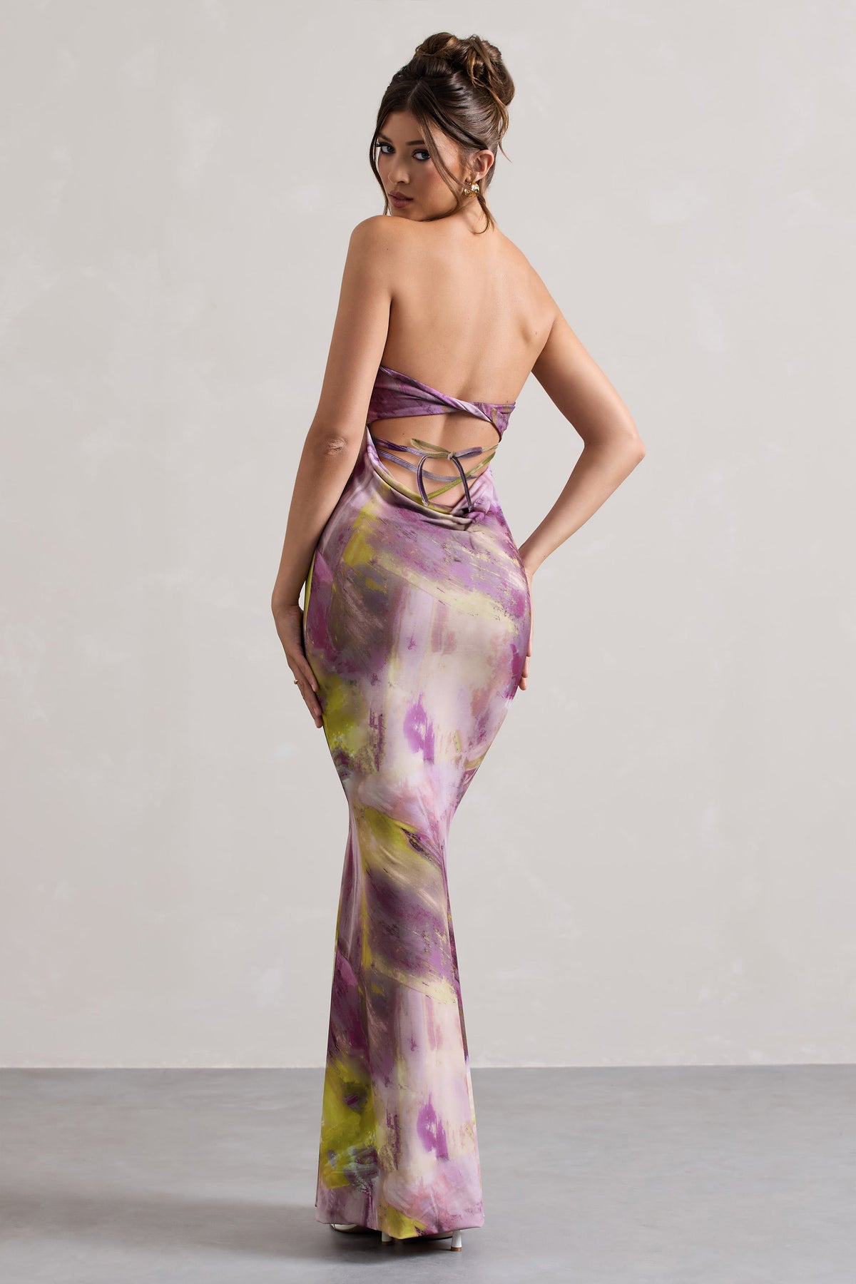 Santiago | Robe longue torsadée à imprimé lilas sans bretelles