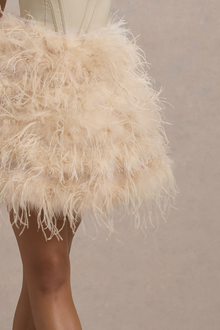 Peaches | Mini-Robe Bustier Champagne à Ourlet Plume Volumineux