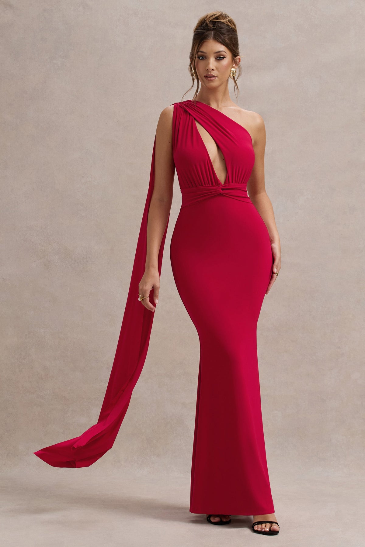 Elaina | Robe longue rouge asymétrique avec nœud et ceinture