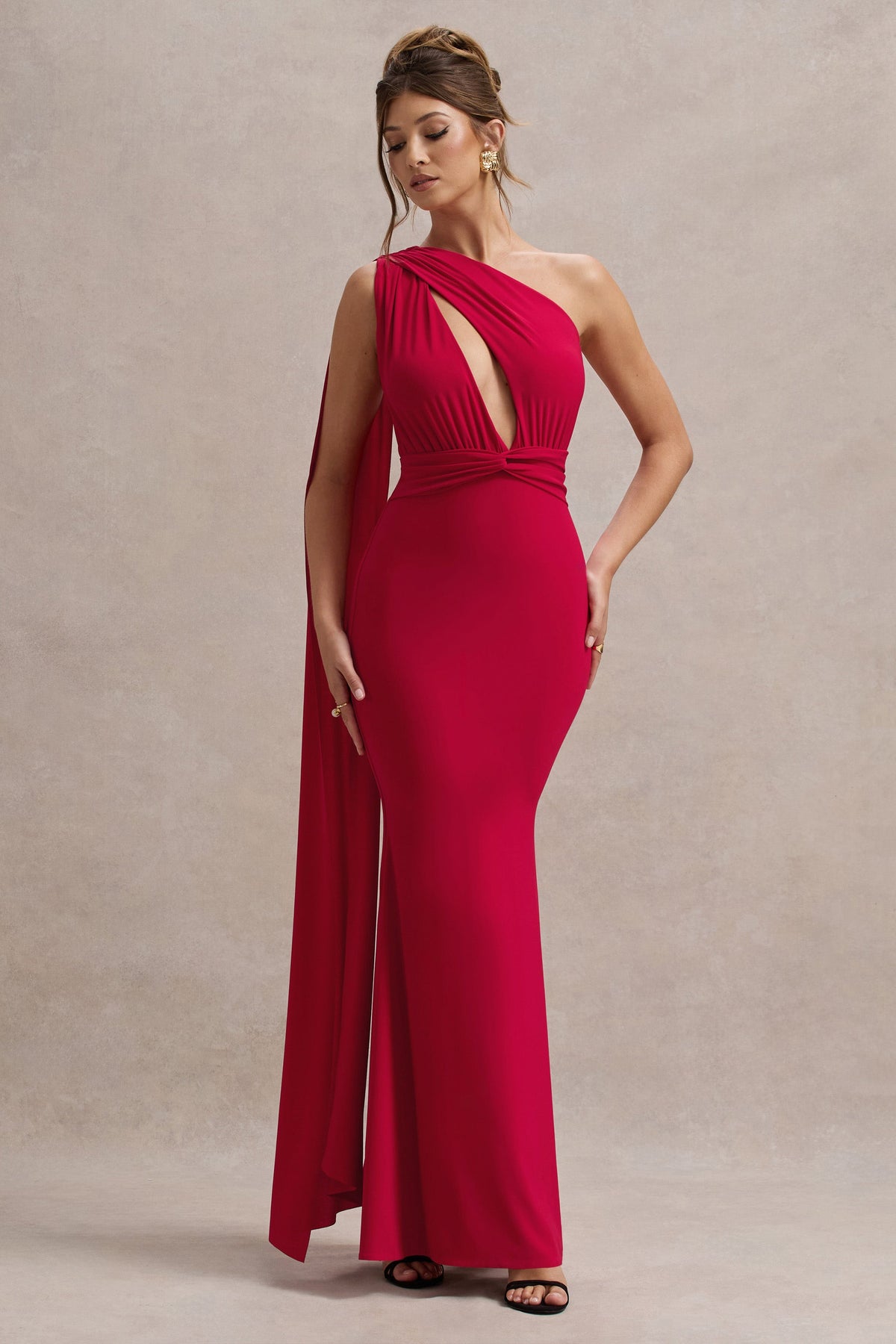 Elaina | Robe longue rouge asymétrique avec nœud et ceinture