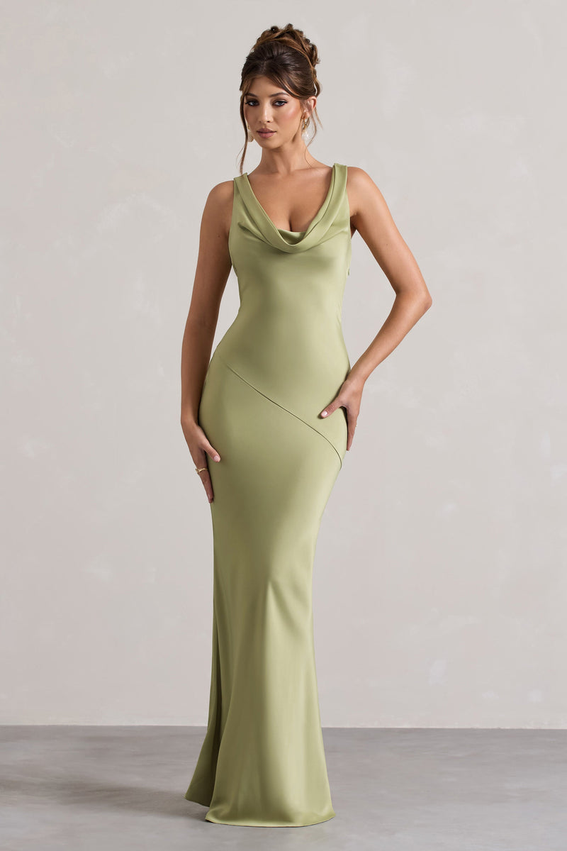 Alesso | Robe longue en satin olive à décolleté bénitier