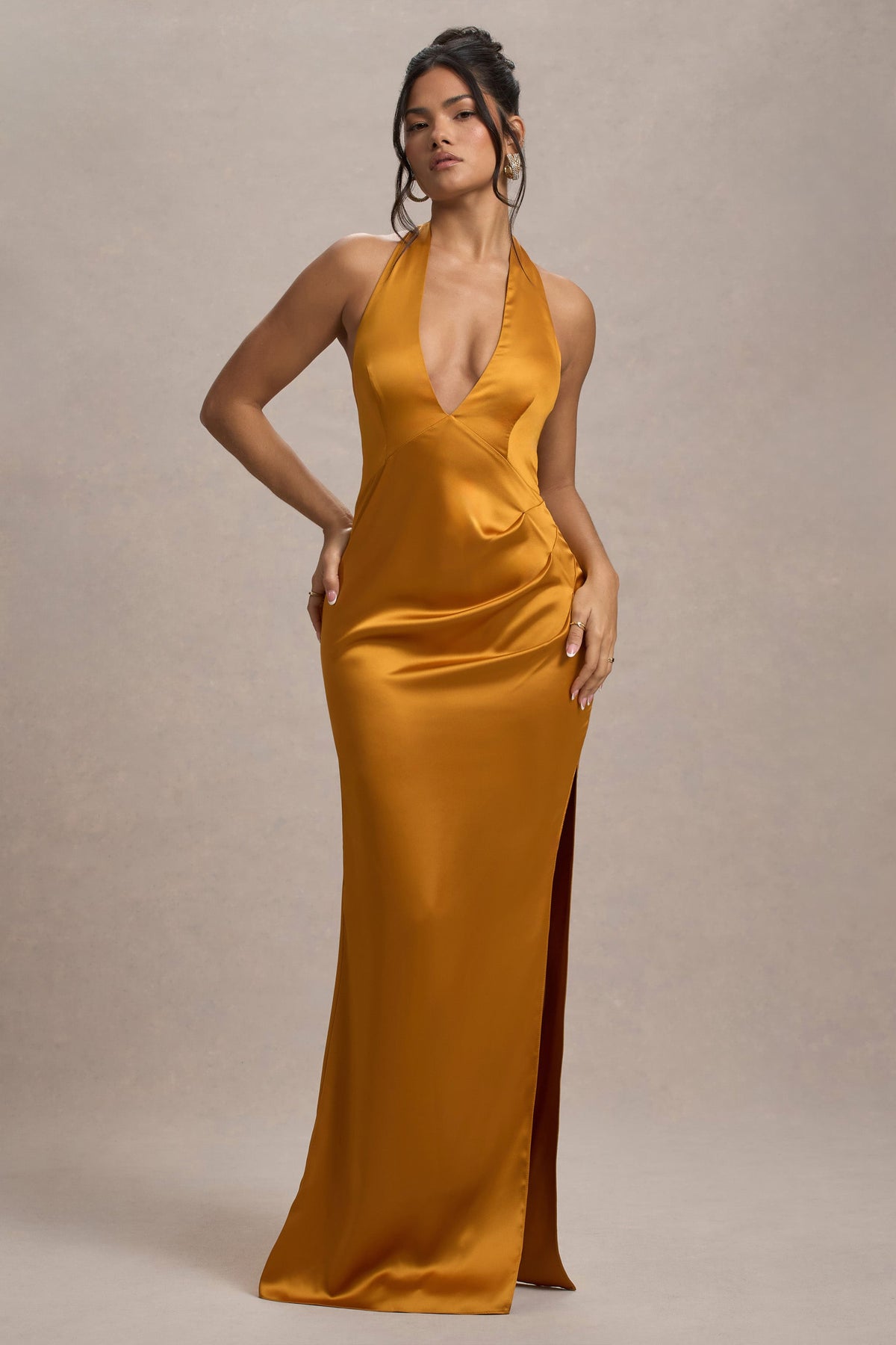 WB_CC_HR_CL134982012-InfernoRustSatinPlunge-NeckGatheredSplitMaxiDress0